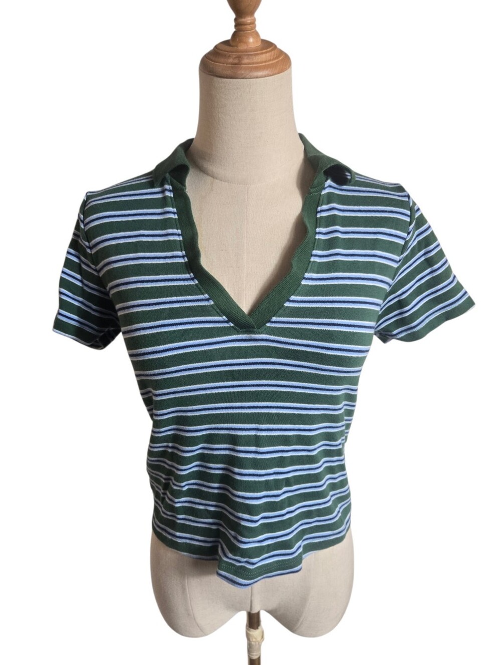 Old Navy Green and White Striped V-Neck Crop Top